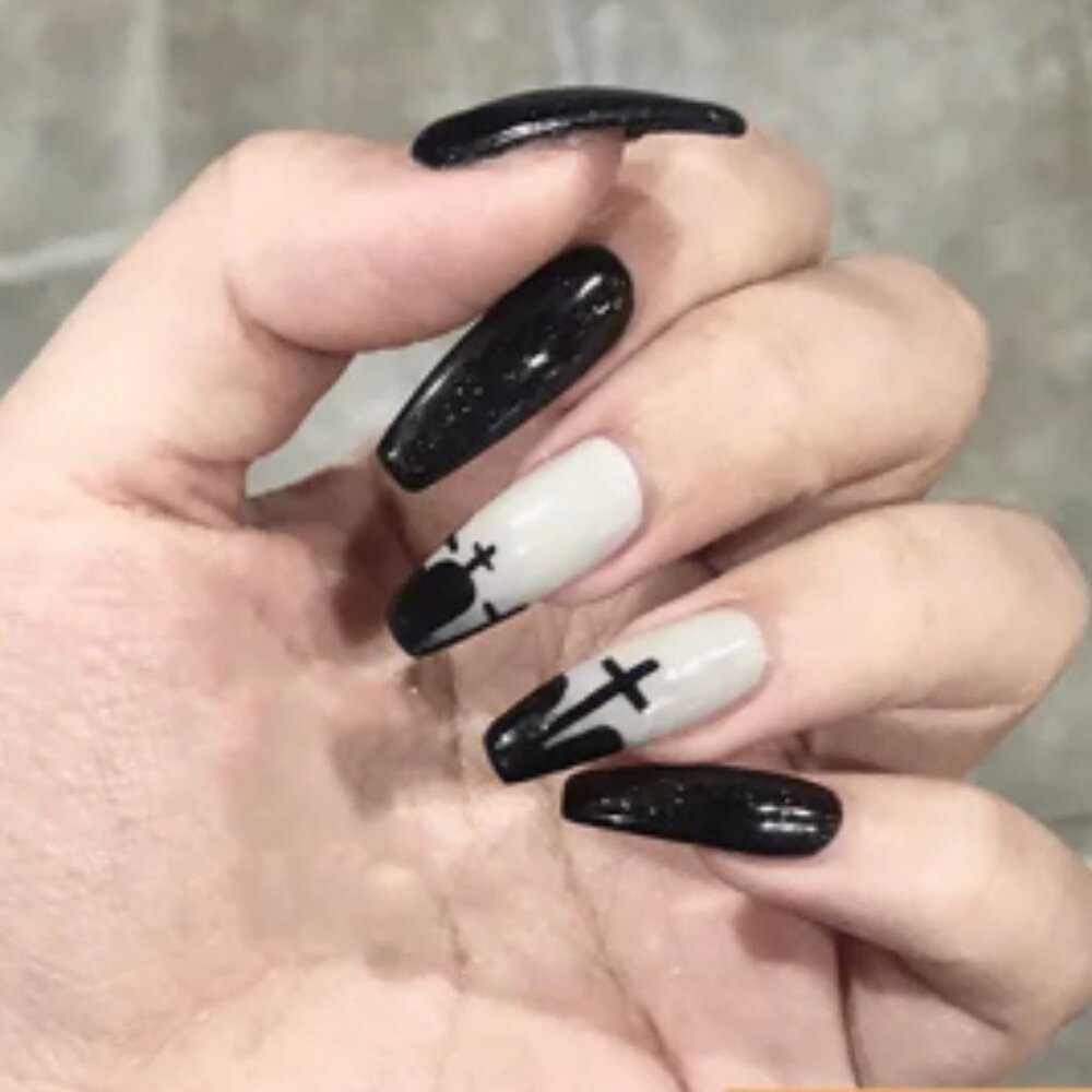 Long Gothic Black And White Coffin Shaped Cross Press On Nails Artificia…